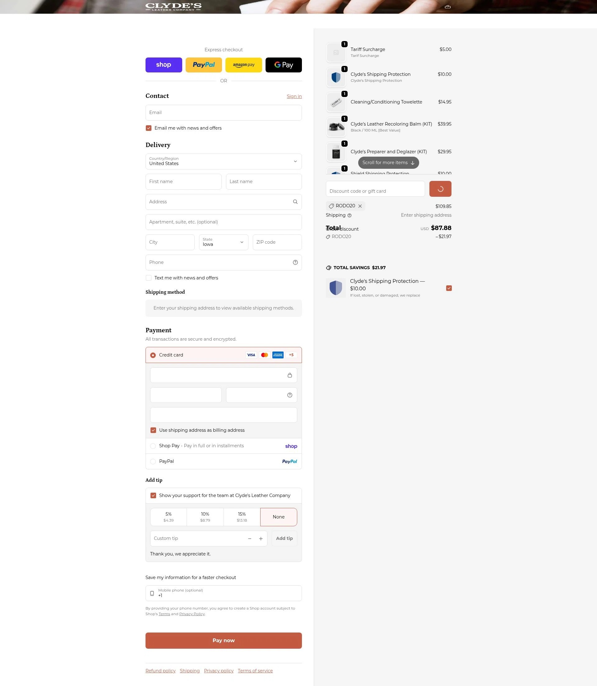 Clyde's Leather Company checkout page showing Clyde's Leather Company promo code box | Screenshot taken by SimplyCodes community member on Feb 7, 2026