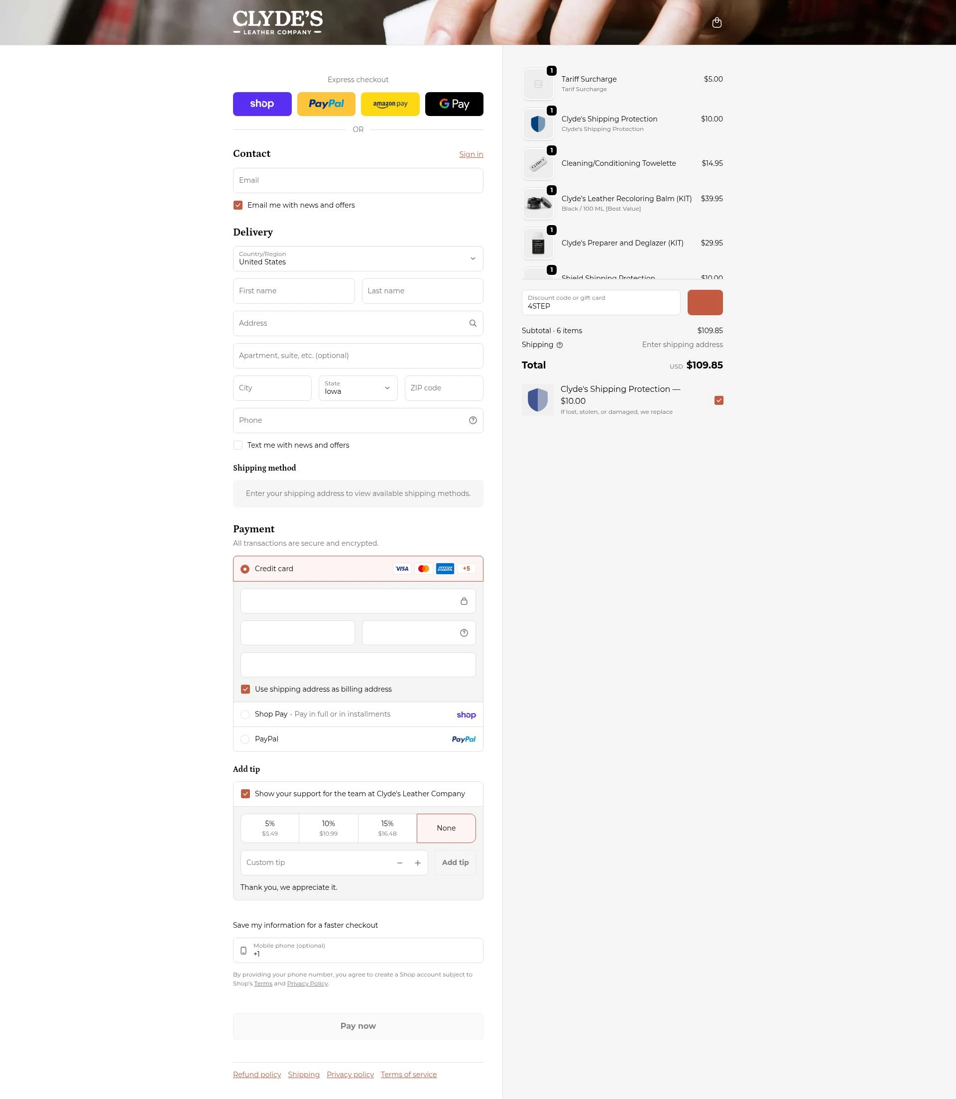 Clyde's Leather Company checkout page showing Clyde's Leather Company promo code box | Screenshot taken by SimplyCodes community member on Feb 7, 2026