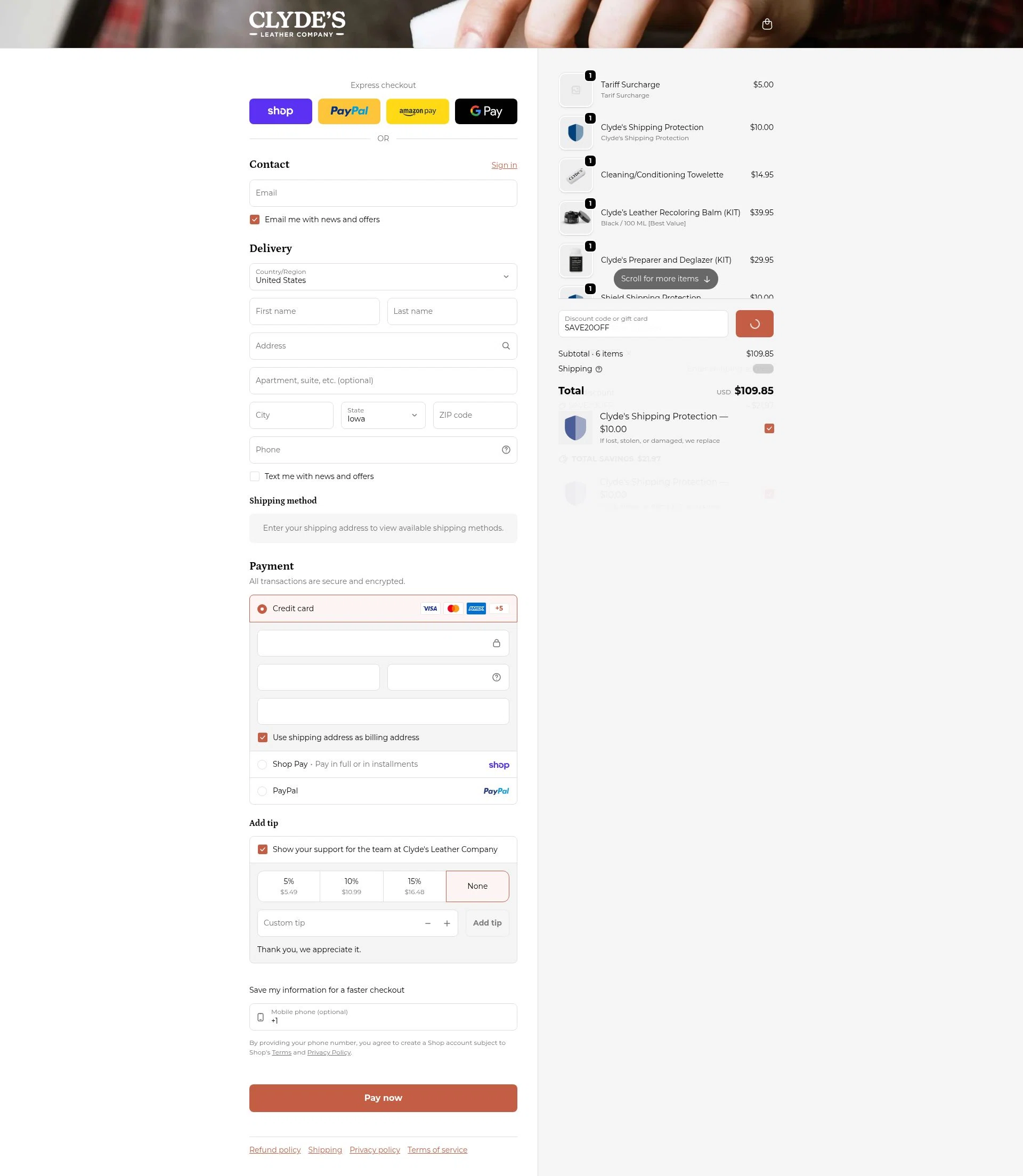 Clyde's Leather Company checkout page showing Clyde's Leather Company promo code box | Screenshot taken by SimplyCodes community member on Feb 7, 2026