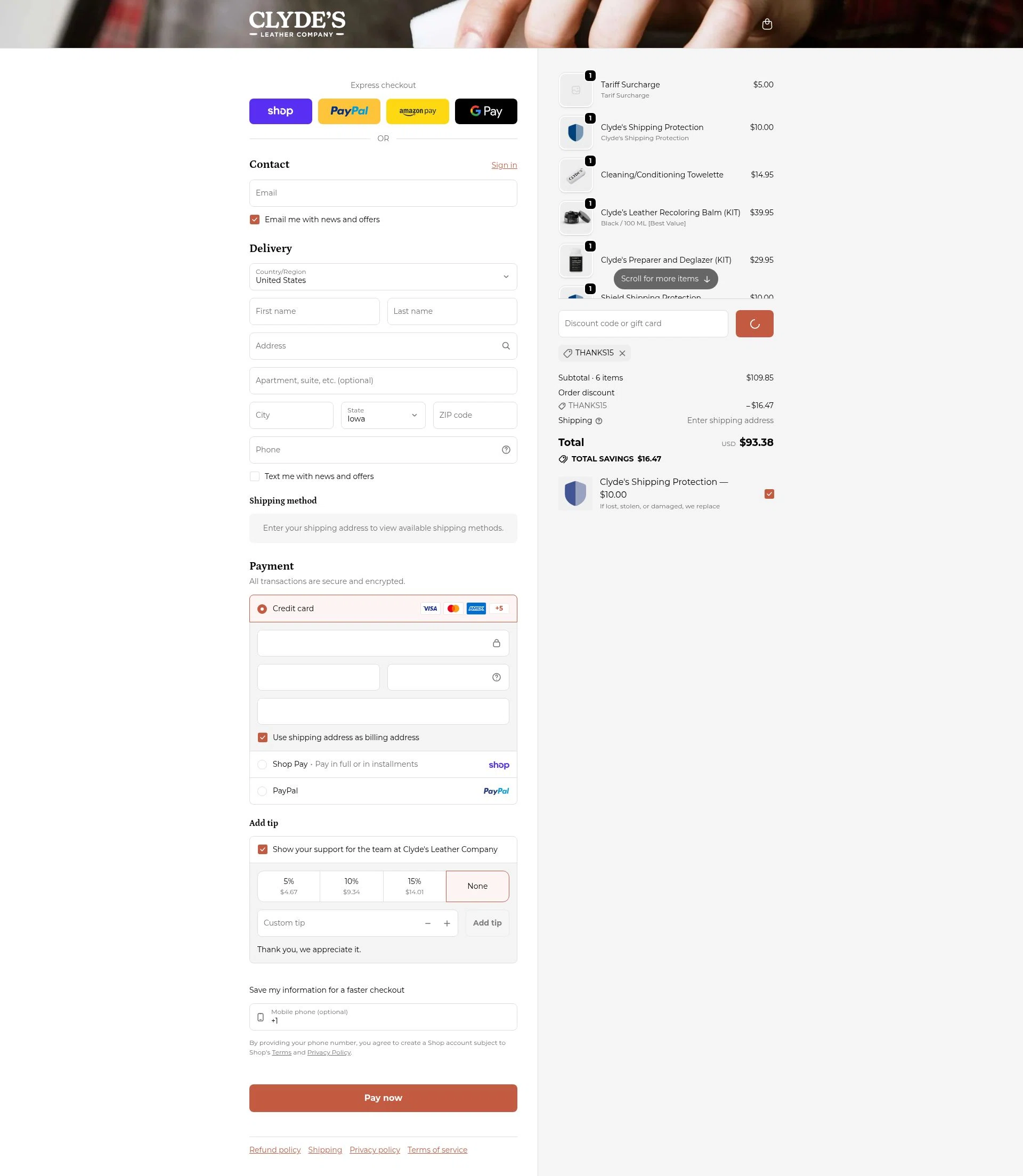 Clyde's Leather Company checkout page showing Clyde's Leather Company promo code box | Screenshot taken by SimplyCodes community member on Feb 7, 2026