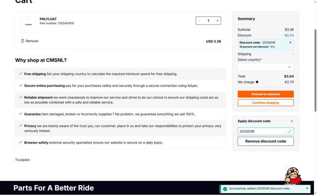 CMSNL Motorcycle Parts checkout page showing CMSNL Motorcycle Parts promo code box | Screenshot taken by SimplyCodes community member on May 9, 2025