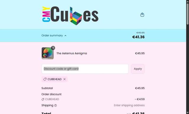 CMY Cubes checkout page showing CMY Cubes discount code box | Screenshot taken by SimplyCodes community member on Sep 3, 2025
