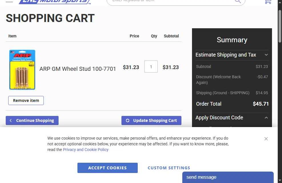 CNC-Motorsports checkout page showing CNC-Motorsports promo code box | Screenshot taken by SimplyCodes community member on Sep 17, 2025
