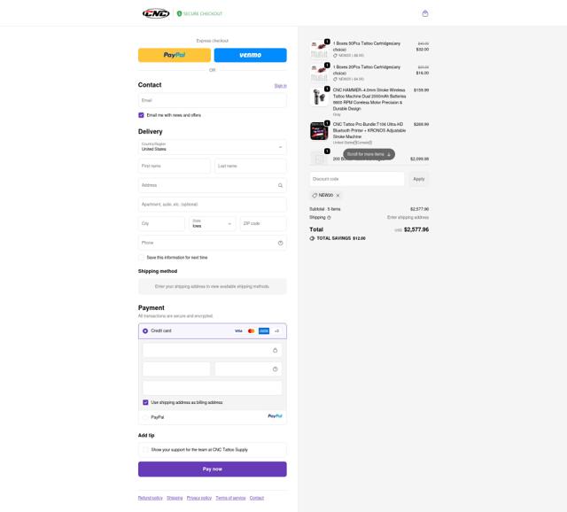 CNC Tattoo checkout page showing CNC Tattoo promo code box | Screenshot taken by SimplyCodes community member on Oct 3, 2025