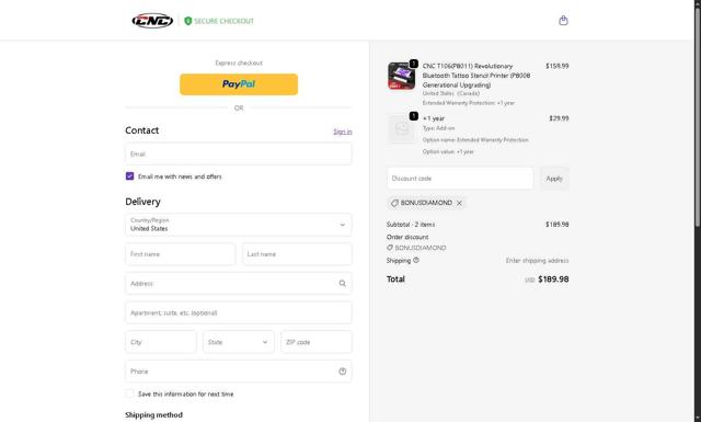 CNC Tattoo checkout page showing CNC Tattoo promo code box | Screenshot taken by SimplyCodes community member on Oct 4, 2025
