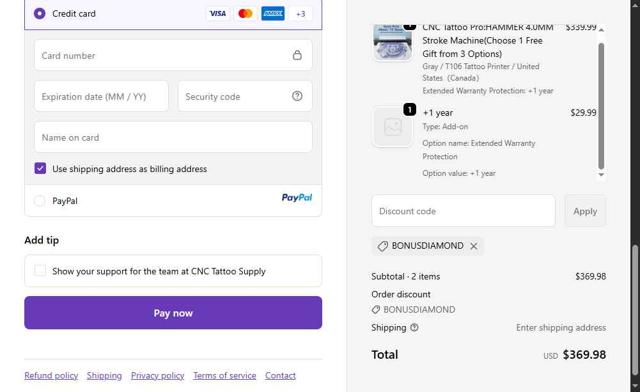 CNC Tattoo checkout page showing CNC Tattoo promo code box | Screenshot taken by SimplyCodes community member on Oct 4, 2025