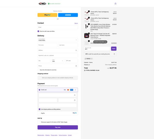 CNC Tattoo checkout page showing CNC Tattoo promo code box | Screenshot taken by SimplyCodes community member on Oct 3, 2025