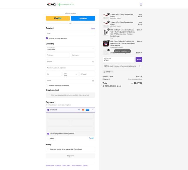 CNC Tattoo checkout page showing CNC Tattoo promo code box | Screenshot taken by SimplyCodes community member on Oct 3, 2025