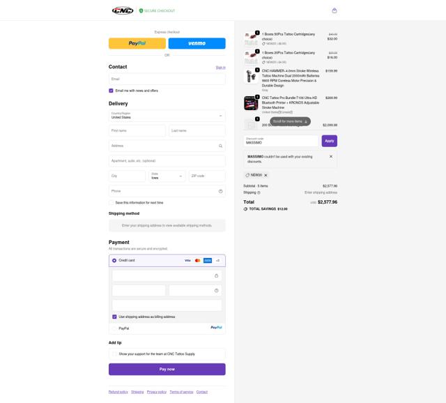 CNC Tattoo checkout page showing CNC Tattoo promo code box | Screenshot taken by SimplyCodes community member on Oct 3, 2025
