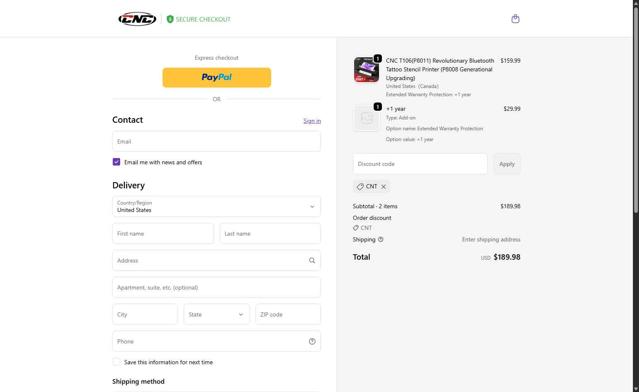 CNC Tattoo checkout page showing CNC Tattoo promo code box | Screenshot taken by SimplyCodes community member on Oct 4, 2025