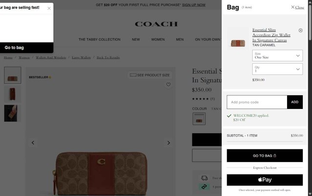 Coach checkout page showing Coach promo code box | Screenshot taken by SimplyCodes community member on Aug 11, 2025