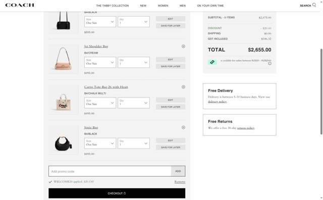 Coach checkout page showing Coach promo code box | Screenshot taken by SimplyCodes community member on Aug 25, 2025