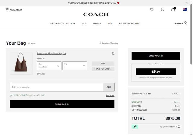 Coach checkout page showing Coach promo code box | Screenshot taken by SimplyCodes community member on Aug 18, 2025