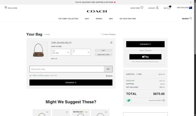 Coach checkout page showing Coach promo code box | Screenshot taken by SimplyCodes community member on Aug 4, 2025