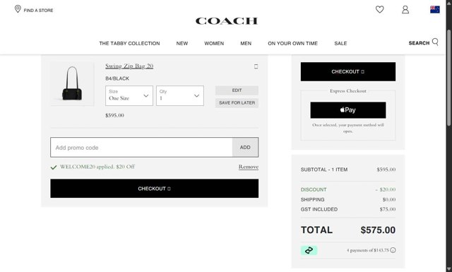 Coach checkout page showing Coach promo code box | Screenshot taken by SimplyCodes community member on Aug 29, 2025
