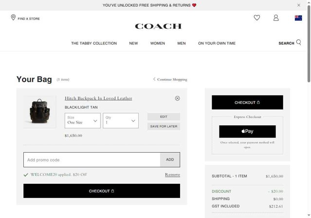 Coach checkout page showing Coach promo code box | Screenshot taken by SimplyCodes community member on Aug 15, 2025