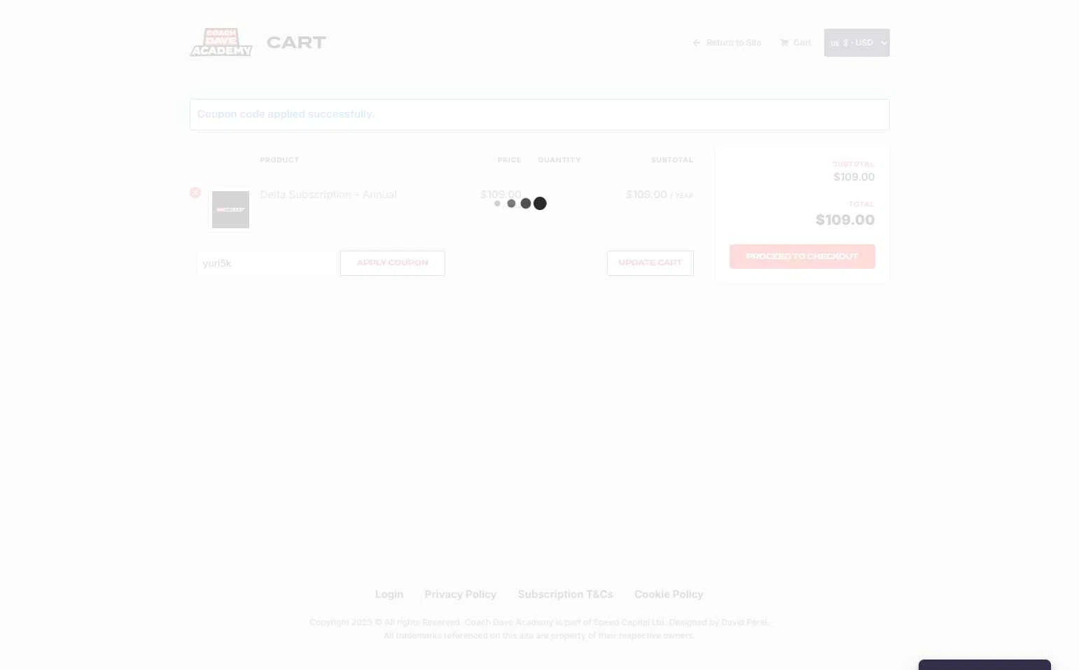 Coach Dave Academy checkout page showing Coach Dave Academy coupon code box | Screenshot taken by SimplyCodes community member on Sep 26, 2025