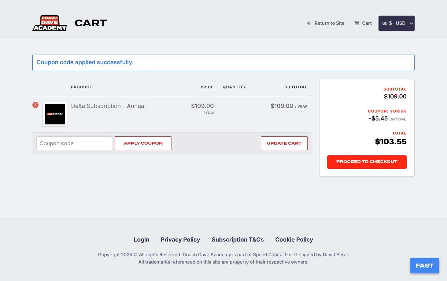 Coach Dave Academy checkout page showing Coach Dave Academy coupon code box | Screenshot taken by SimplyCodes community member on Sep 26, 2025