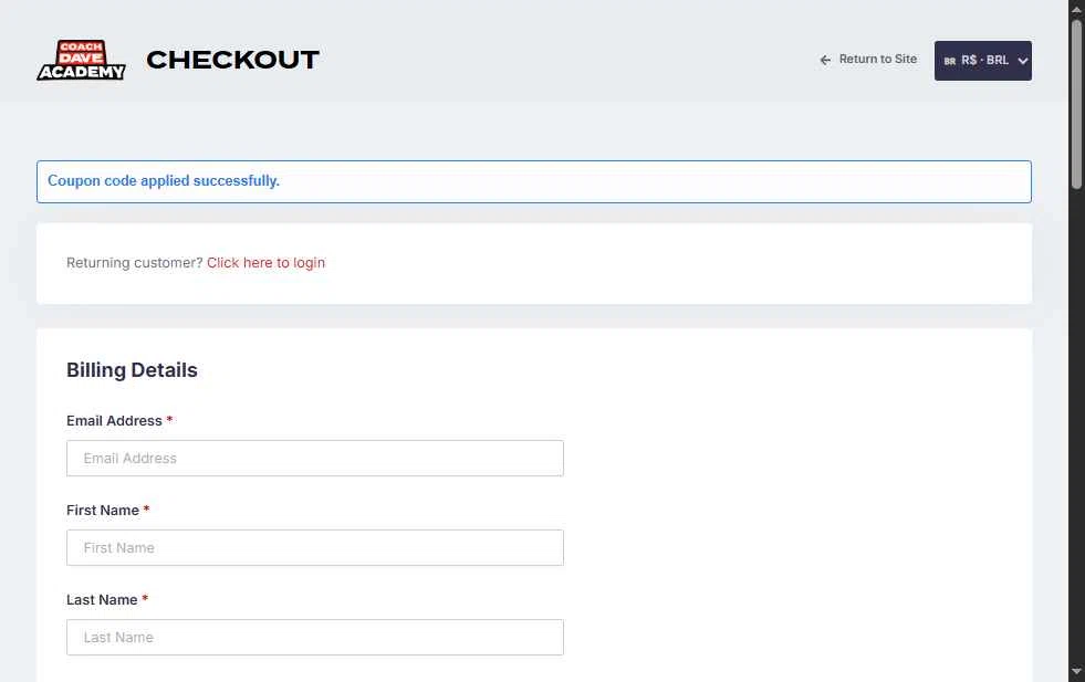 Coach Dave Academy checkout page showing Coach Dave Academy coupon code box | Screenshot taken by SimplyCodes community member on Jan 20, 2026