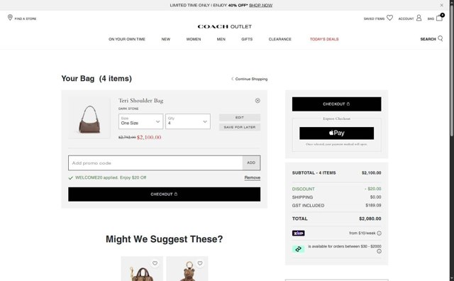 Coach Outlet checkout page showing Coach Outlet promo code box | Screenshot taken by SimplyCodes community member on Aug 18, 2025