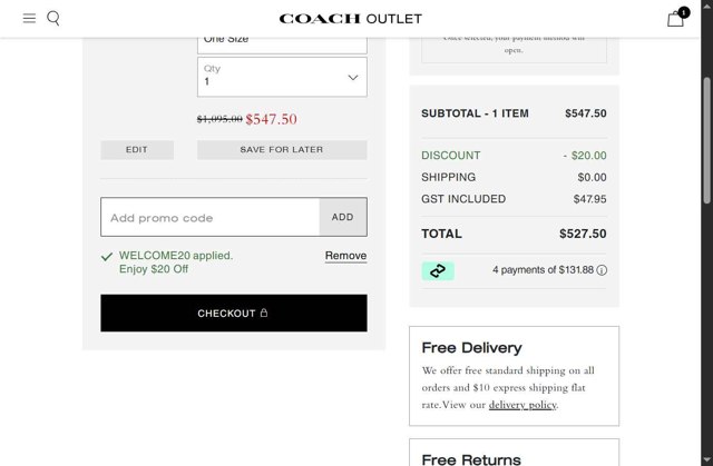 Coach Outlet checkout page showing Coach Outlet promo code box | Screenshot taken by SimplyCodes community member on Aug 10, 2025