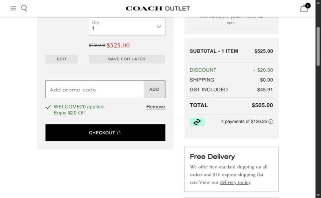 Coach Outlet checkout page showing Coach Outlet promo code box | Screenshot taken by SimplyCodes community member on Aug 14, 2025