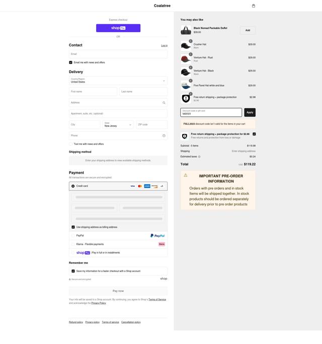 Coalatree Organics checkout page showing Coalatree Organics promo code box | Screenshot taken by SimplyCodes community member on Feb 23, 2025