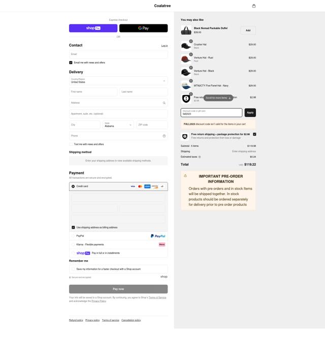 Coalatree Organics checkout page showing Coalatree Organics promo code box | Screenshot taken by SimplyCodes community member on May 13, 2025