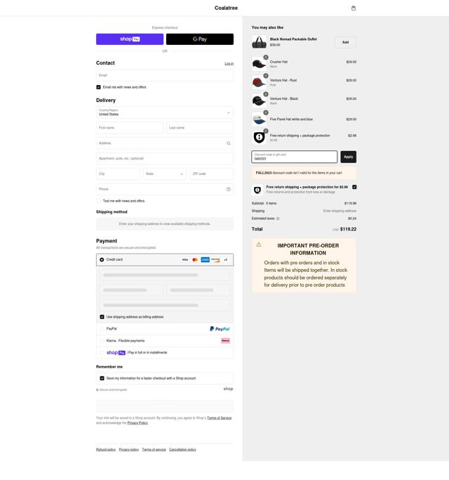 Coalatree Organics checkout page showing Coalatree Organics promo code box | Screenshot taken by SimplyCodes community member on Feb 22, 2025