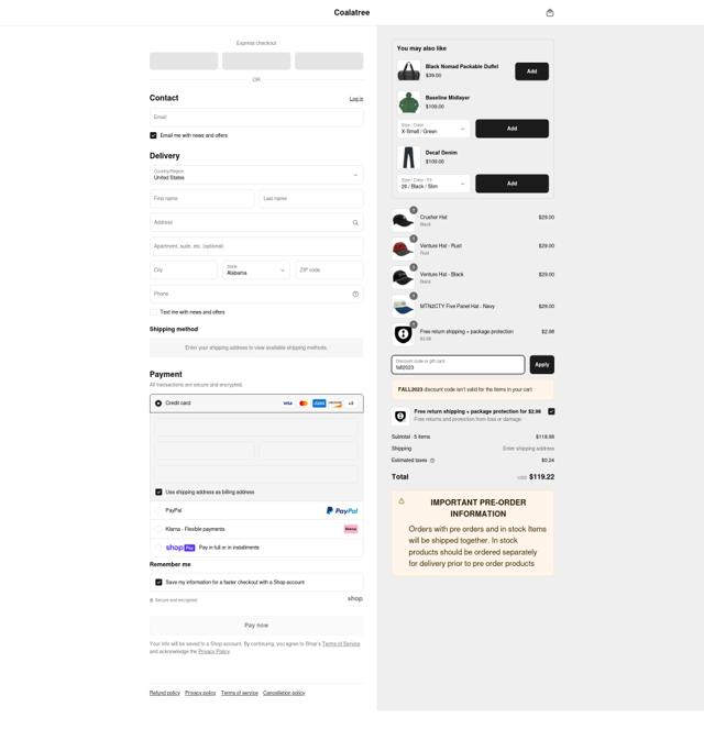 Coalatree Organics checkout page showing Coalatree Organics promo code box | Screenshot taken by SimplyCodes community member on May 3, 2025