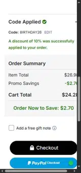 BIRTHDAY26 coupon verification screenshot