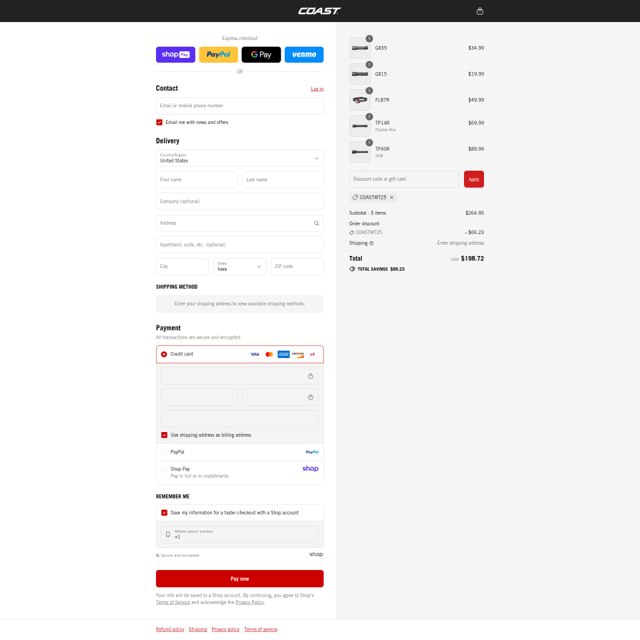 COAST Products checkout page showing COAST Products promo code box | Screenshot taken by SimplyCodes community member on Aug 15, 2025