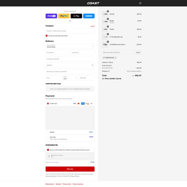 COAST Products checkout page showing COAST Products promo code box | Screenshot taken by SimplyCodes community member on Aug 28, 2025