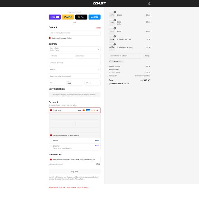 COAST Products checkout page showing COAST Products promo code box | Screenshot taken by SimplyCodes community member on Aug 24, 2025