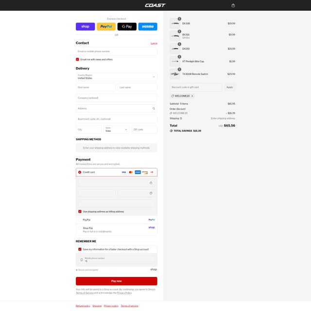 COAST Products checkout page showing COAST Products promo code box | Screenshot taken by SimplyCodes community member on Sep 6, 2025