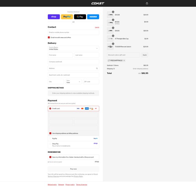 COAST Products checkout page showing COAST Products promo code box | Screenshot taken by SimplyCodes community member on Sep 6, 2025