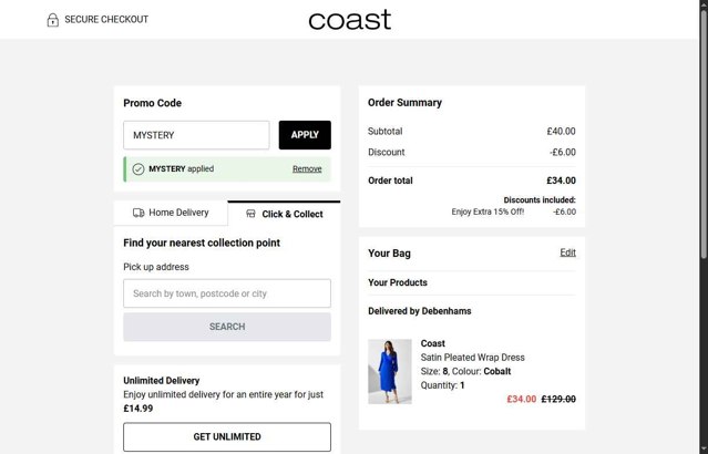 Coast checkout page showing Coast discount code box | Screenshot taken by SimplyCodes community member on Aug 25, 2025