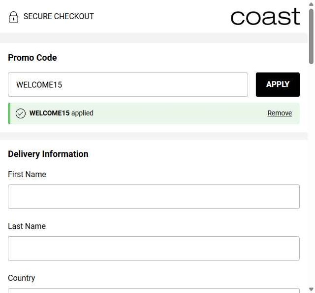Coast checkout page showing Coast discount code box | Screenshot taken by SimplyCodes community member on Aug 27, 2025