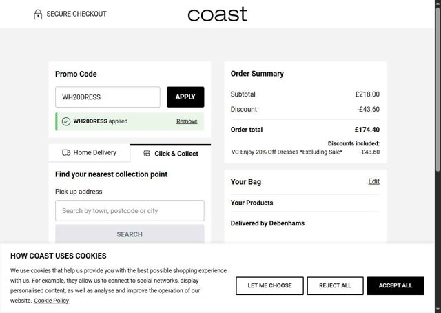 Coast checkout page showing Coast discount code box | Screenshot taken by SimplyCodes community member on Aug 27, 2025