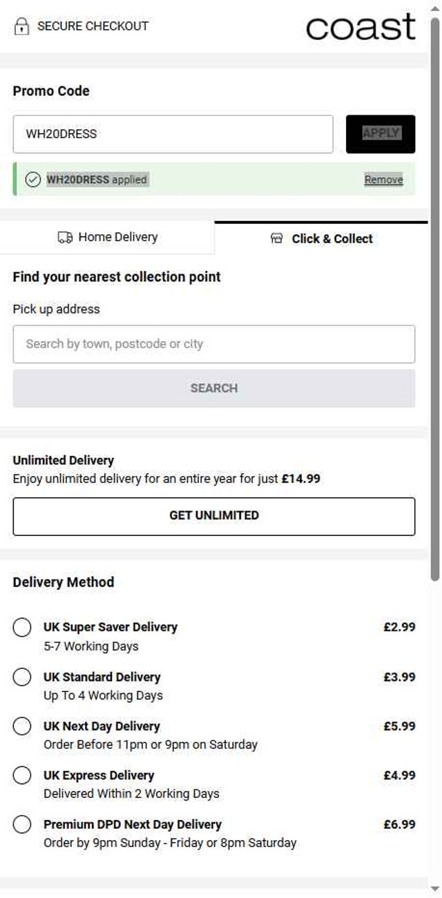 Coast checkout page showing Coast discount code box | Screenshot taken by SimplyCodes community member on Aug 16, 2025