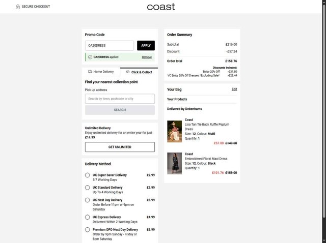 Coast checkout page showing Coast discount code box | Screenshot taken by SimplyCodes community member on Aug 27, 2025
