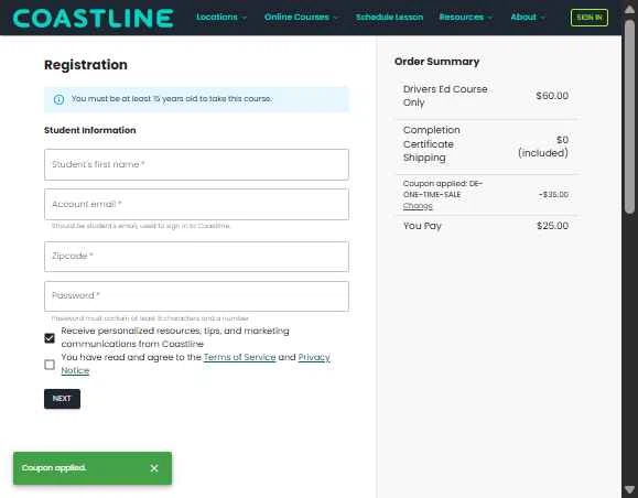 Coastline Academy checkout page showing Coastline Academy coupon code box | Screenshot taken by SimplyCodes community member on Dec 7, 2025