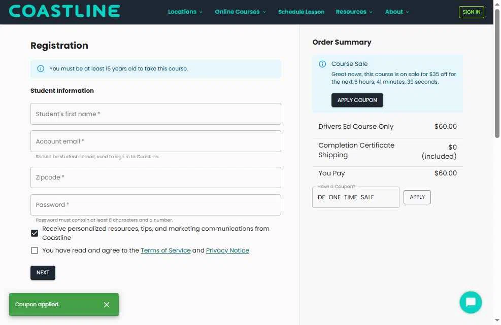 Coastline Academy checkout page showing Coastline Academy coupon code box | Screenshot taken by SimplyCodes community member on Jan 10, 2026