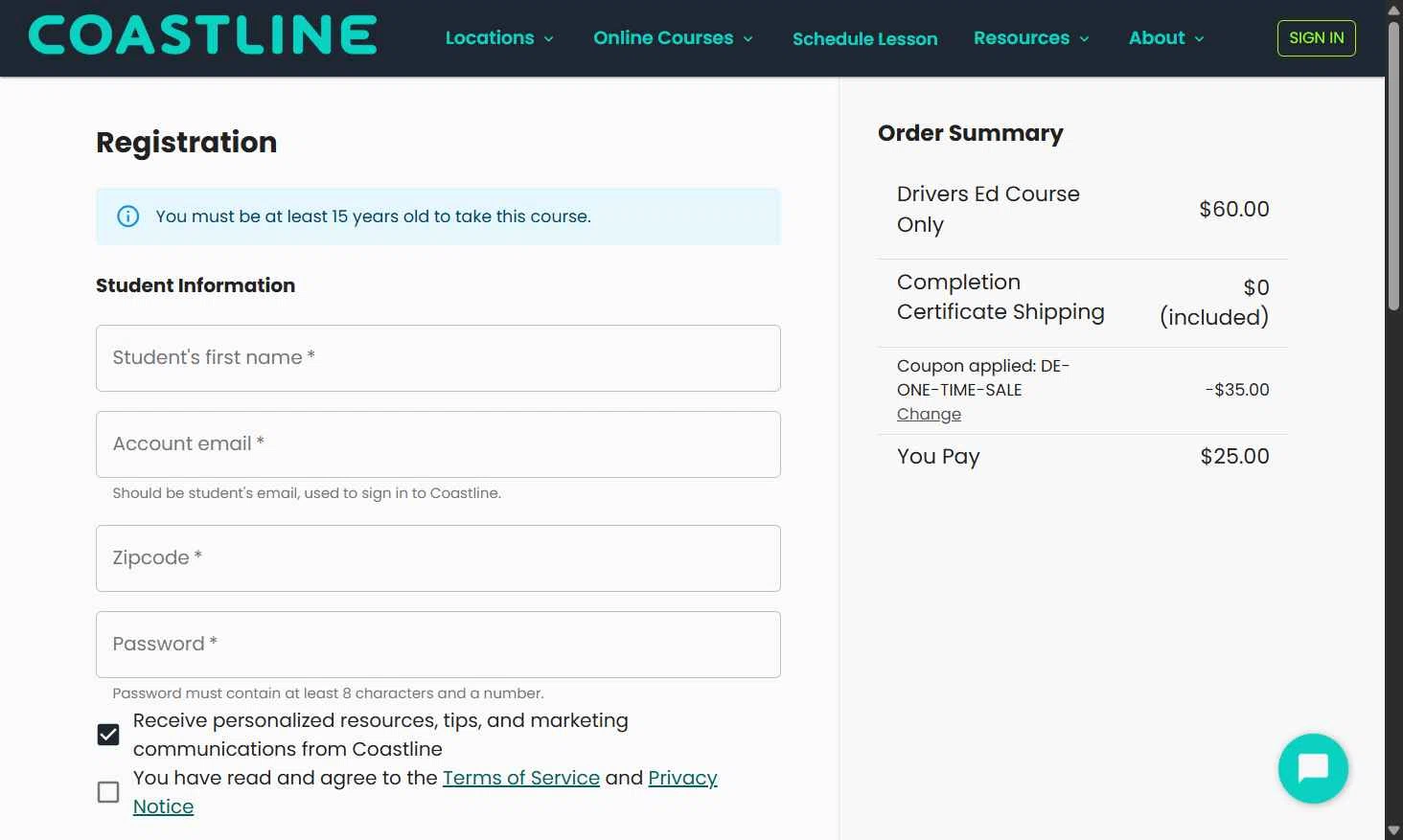 Coastline Academy checkout page showing Coastline Academy coupon code box | Screenshot taken by SimplyCodes community member on Jan 10, 2026
