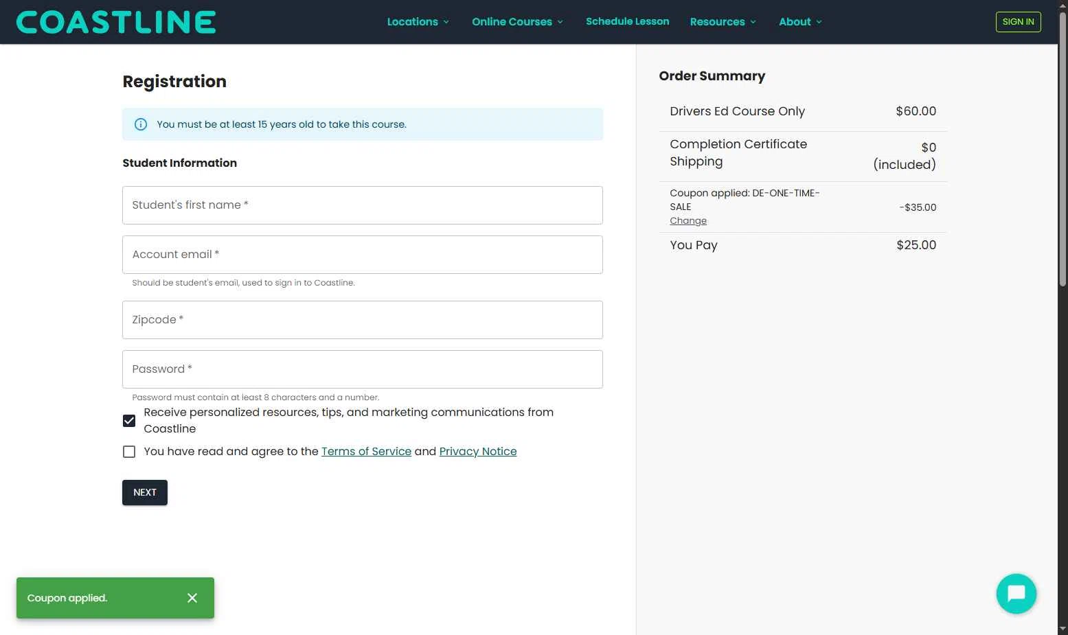 Coastline Academy checkout page showing Coastline Academy coupon code box | Screenshot taken by SimplyCodes community member on Dec 12, 2025
