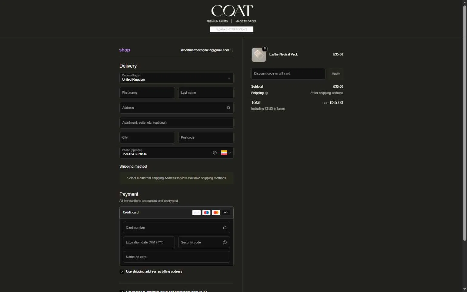 COAT Paints checkout page showing COAT Paints promo code box | Screenshot taken by SimplyCodes community member on Feb 2, 2026