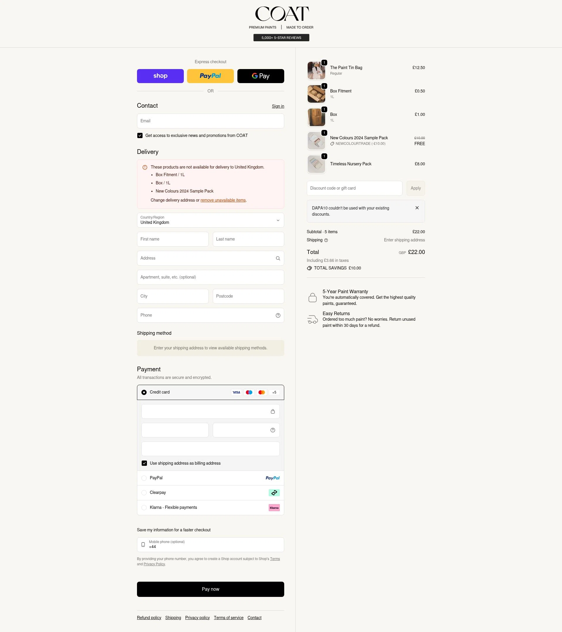 COAT Paints checkout page showing COAT Paints promo code box | Screenshot taken by SimplyCodes community member on Feb 6, 2026