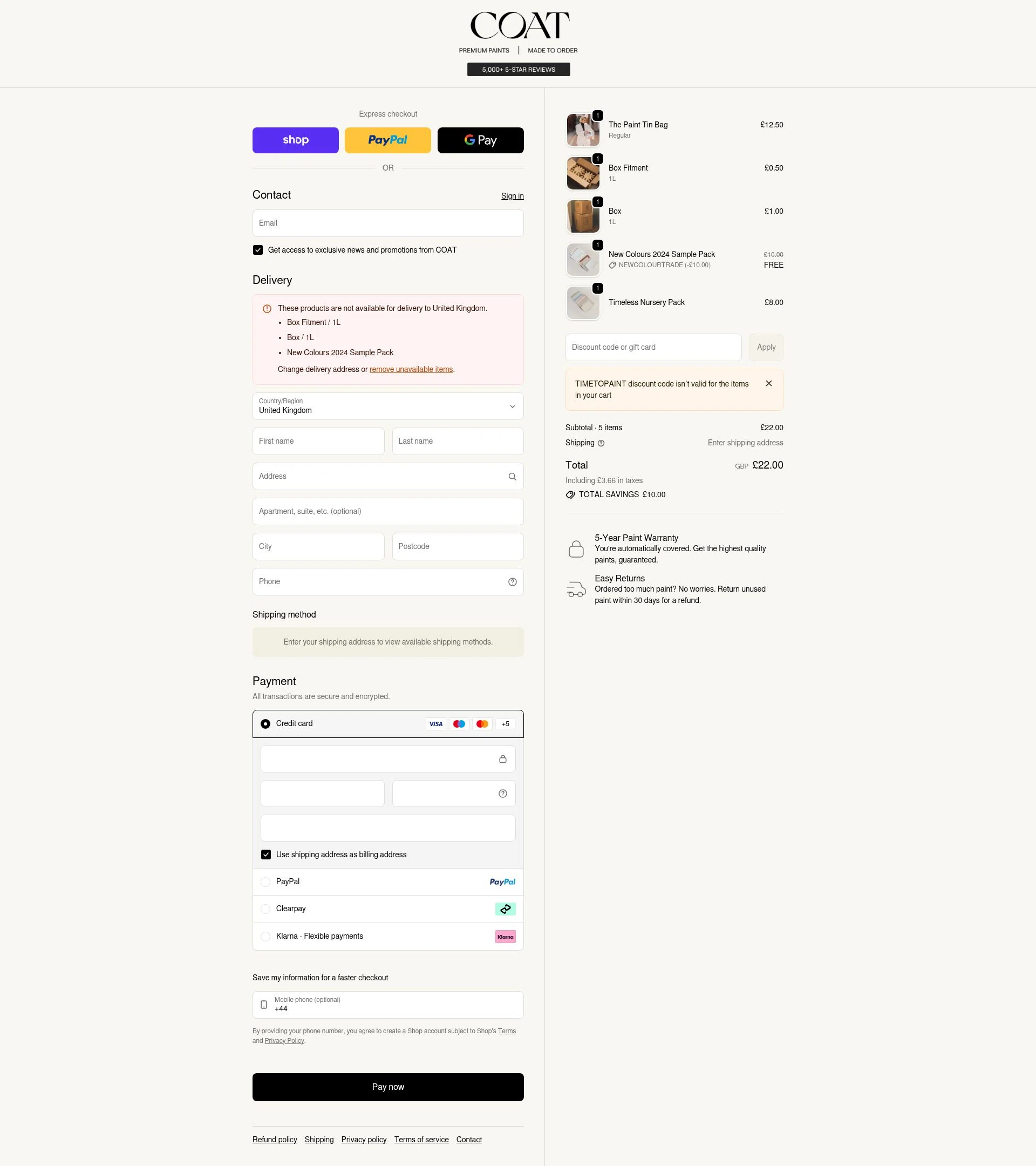 COAT Paints checkout page showing COAT Paints promo code box | Screenshot taken by SimplyCodes community member on Feb 6, 2026