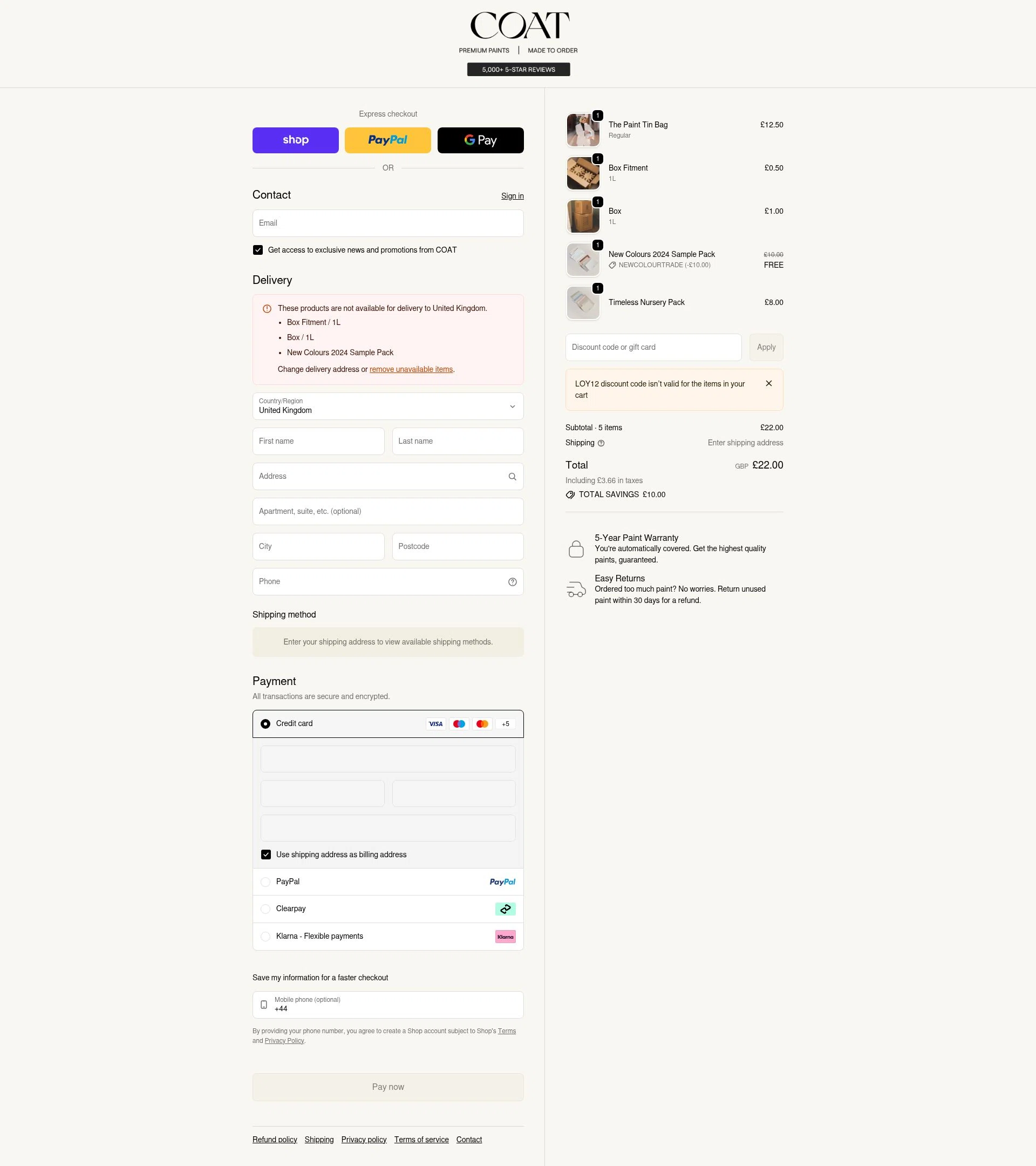 COAT Paints checkout page showing COAT Paints promo code box | Screenshot taken by SimplyCodes community member on Feb 6, 2026