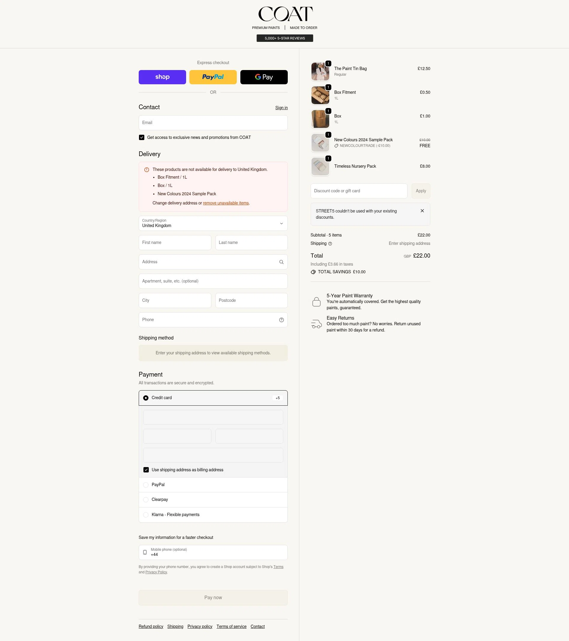 COAT Paints checkout page showing COAT Paints promo code box | Screenshot taken by SimplyCodes community member on Feb 6, 2026